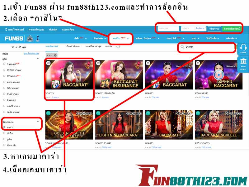 วิธีการเล่นบาคาร่า Fun88 ขั้นตอน 1-4 วิธีการเล่นบาคาร่า Fun88